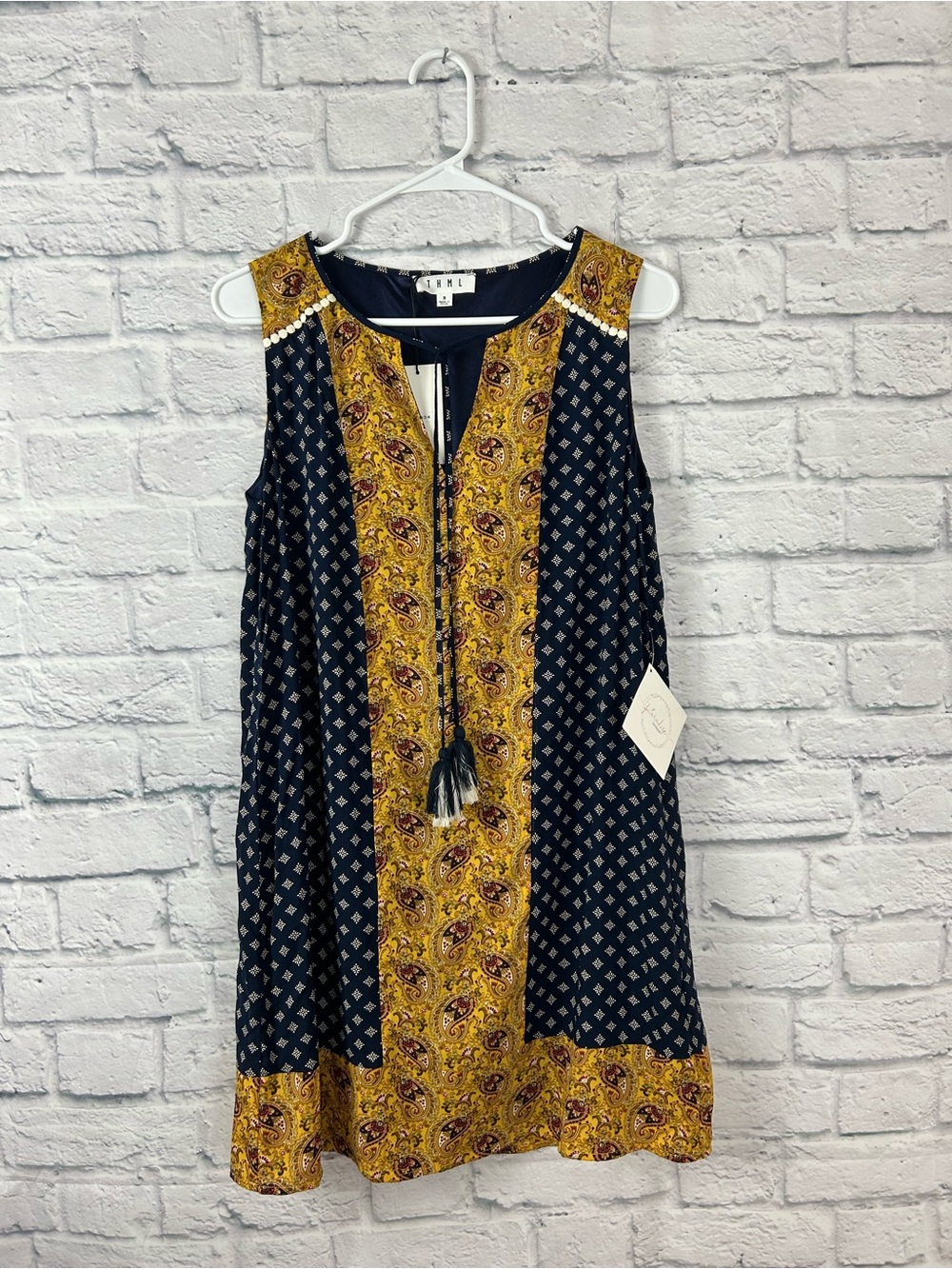 THML Navy Mustard Paisley Print Shift Dress Tassel Tie NWT Small